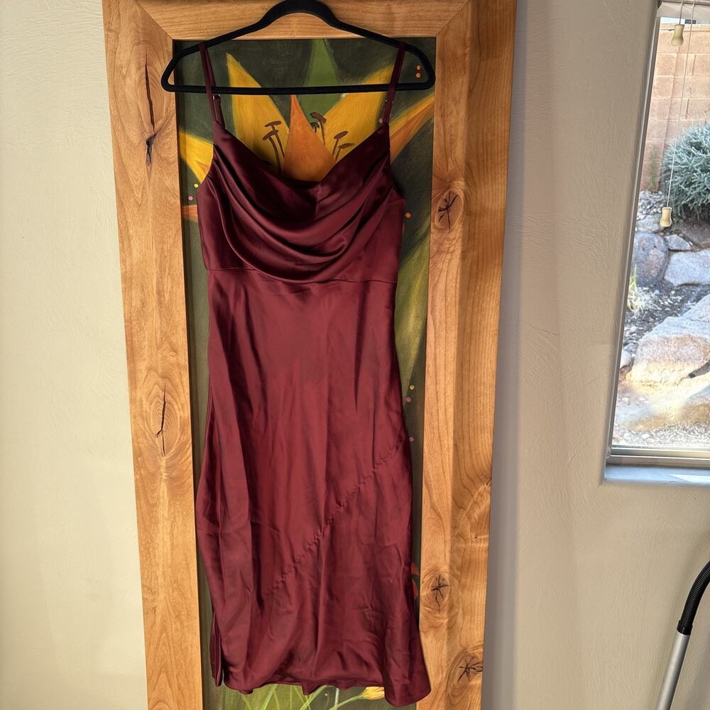 Anthropology Revelry Skye‎ Maroon Midi Size 10 Cowl neck Satin Fitted Slip Dress